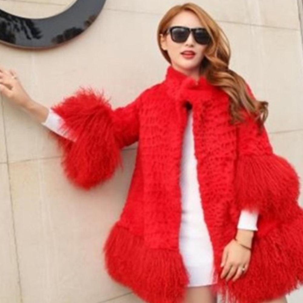 Red Mongolian and Rabbit Fur Swing Coat